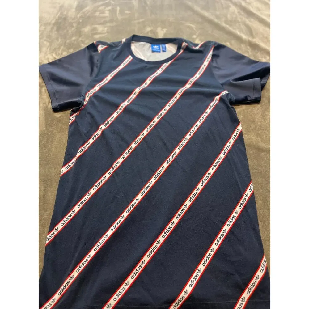 Adidas logo Blue T-Shirt Red and‎ White Stripe Size large